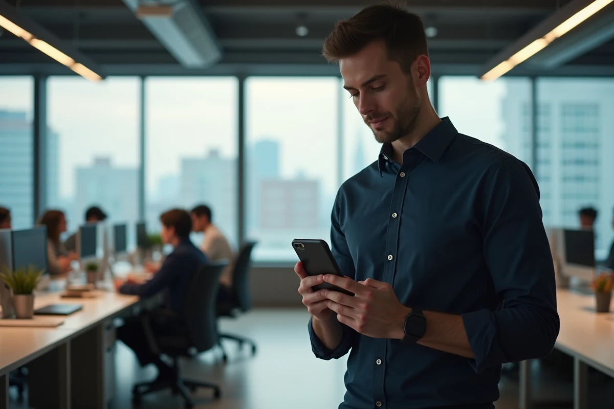 Homme consultant les actualités et tendances numériques sur son smartphone dans un espace de coworking moderne