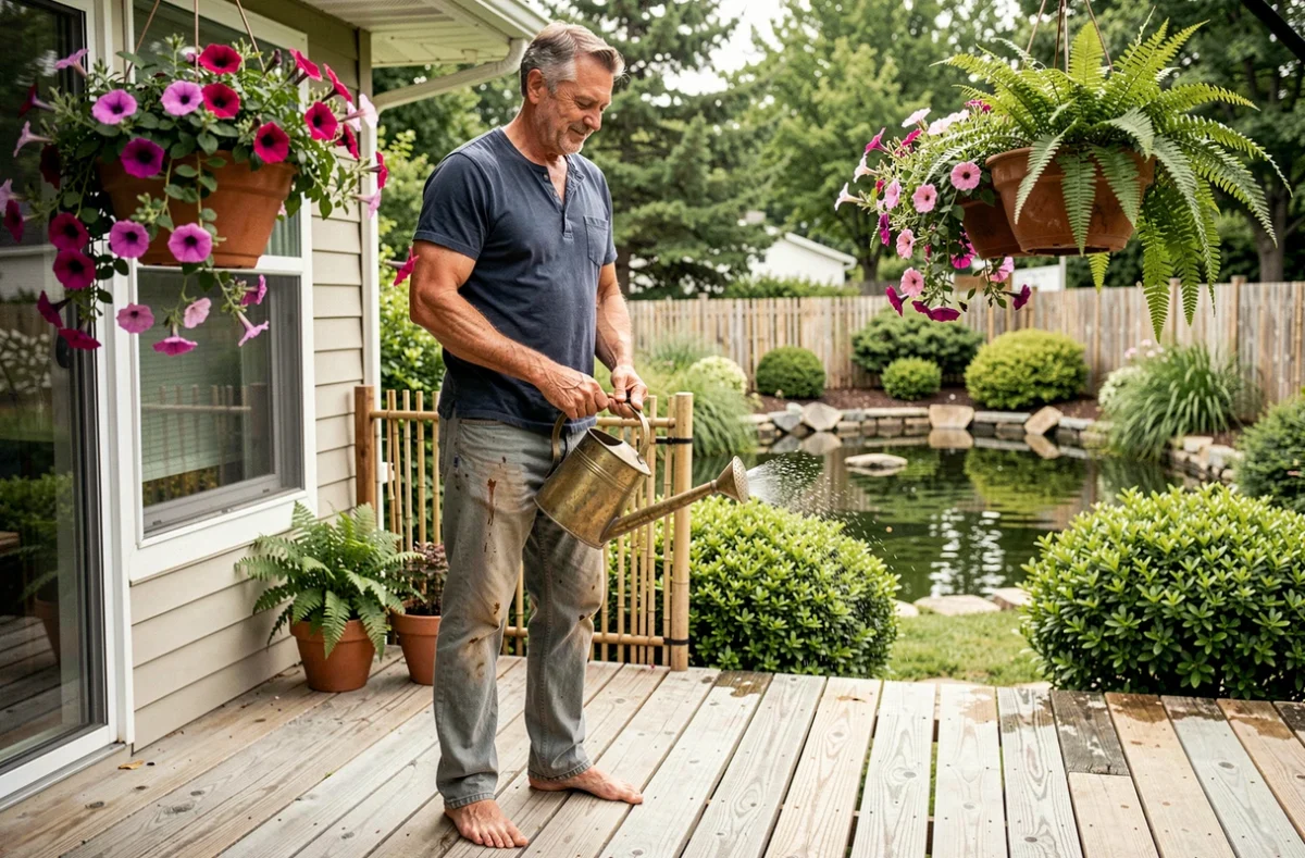 Homme arrosant des pots de fleurs suspendus sur une terrasse en bois avec un petit étang et des arbustes en arrière-plan