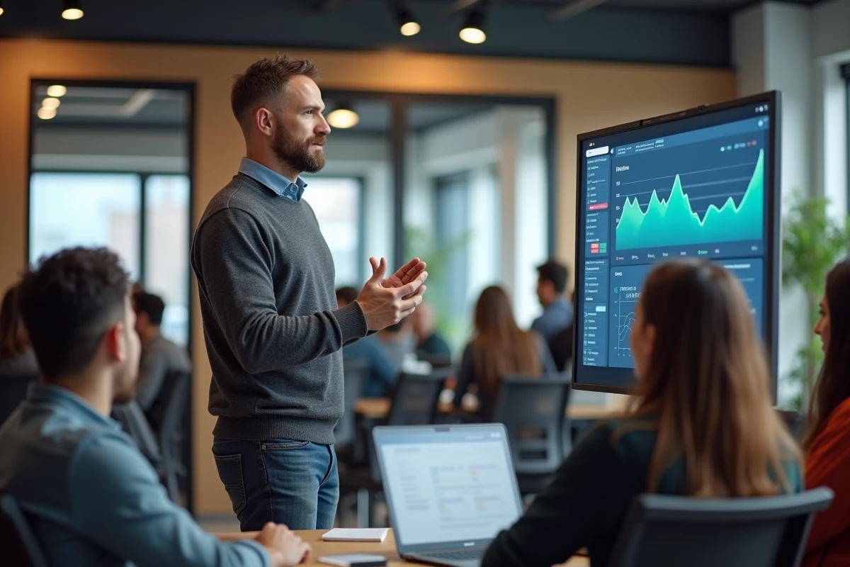 Homme confiant parlant à un groupe en coworking