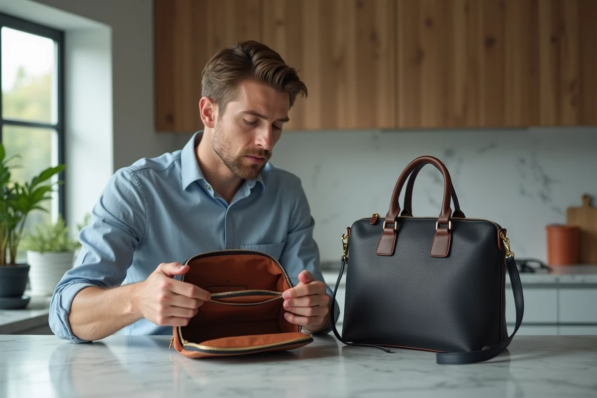 Homme comparant deux sacs à main dans une cuisine moderne