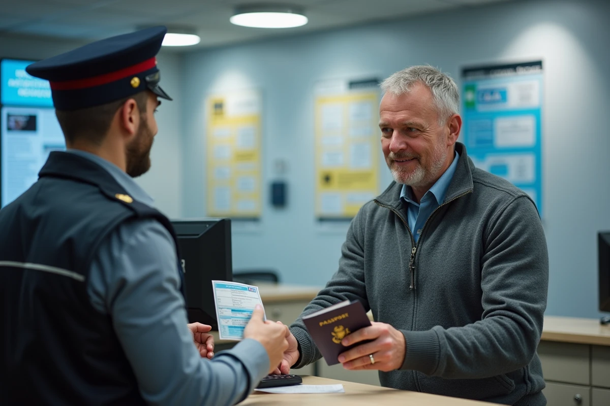 Homme remettant ses documents à un agent au comptoir pour la demande de permis de conduire international au Canada