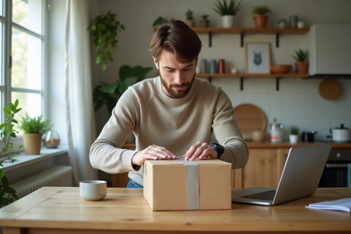 Jeune homme à la maison scellant un colis avec soin