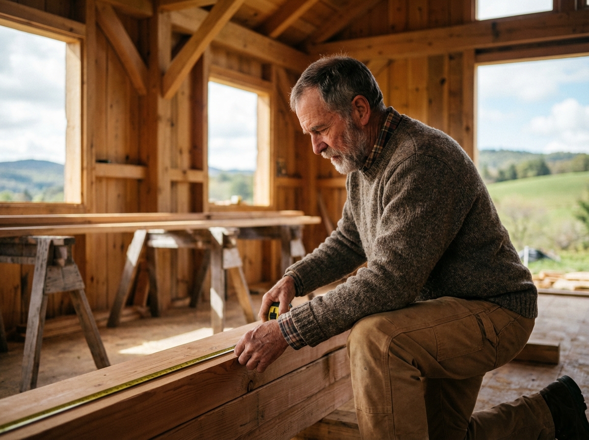 Ouvrier mesurant une poutre en bois dans cabane en bois intérieur