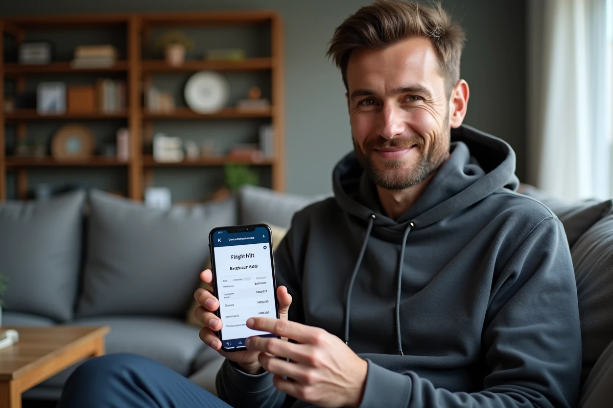 Homme utilisant son smartphone pour payer un vol Opodo en plusieurs fois depuis son salon