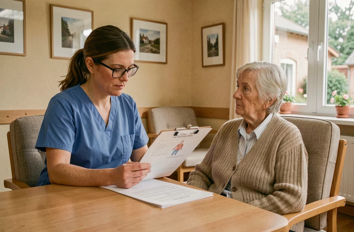 Infirmière en EHPAD évaluant une patiente âgée à l'aide d'un formulaire d'évaluation clinique imprimé