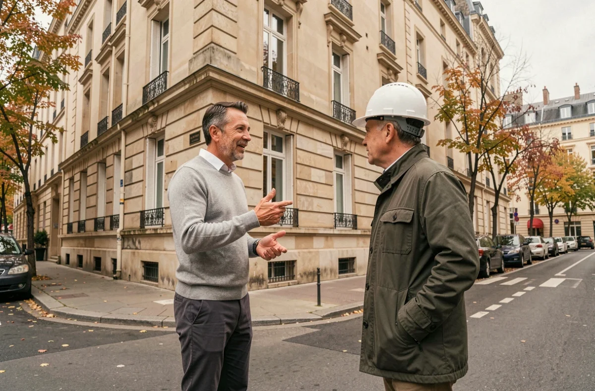 Propriétaire immobilier inspectant un immeuble rénové avec un architecte dans un quartier urbain parisien