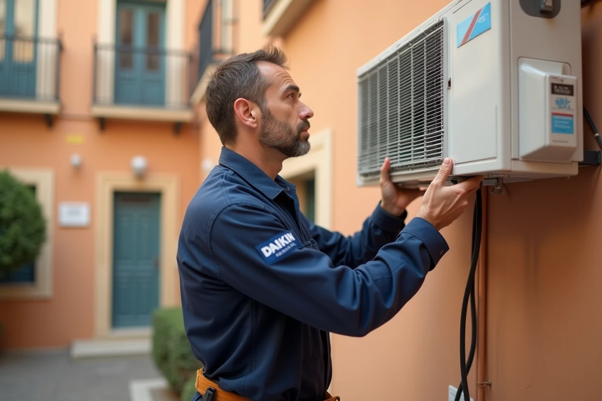 Technicien installant une unité extérieure de climatisation Daikin sur une façade résidentielle à Montpellier