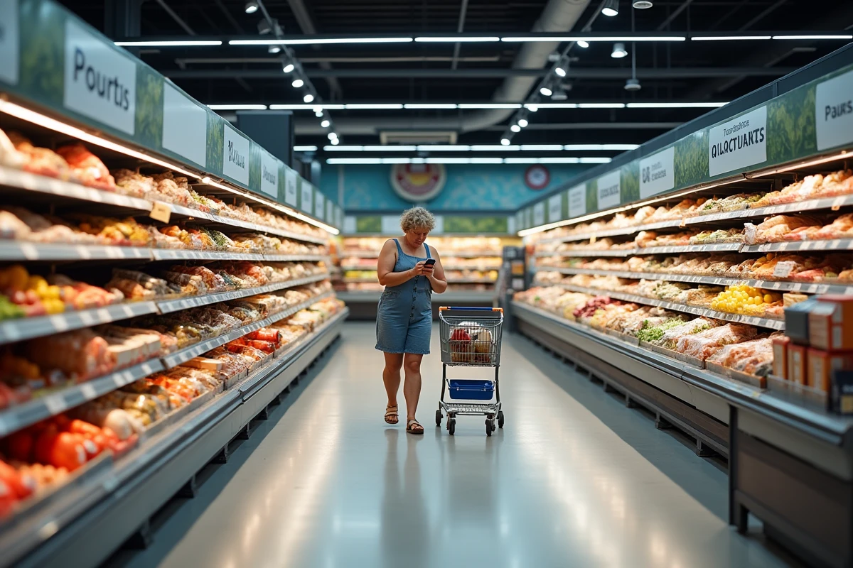 Intérieur d'un Lidl en Corse avec rayons de produits locaux et cliente faisant ses courses