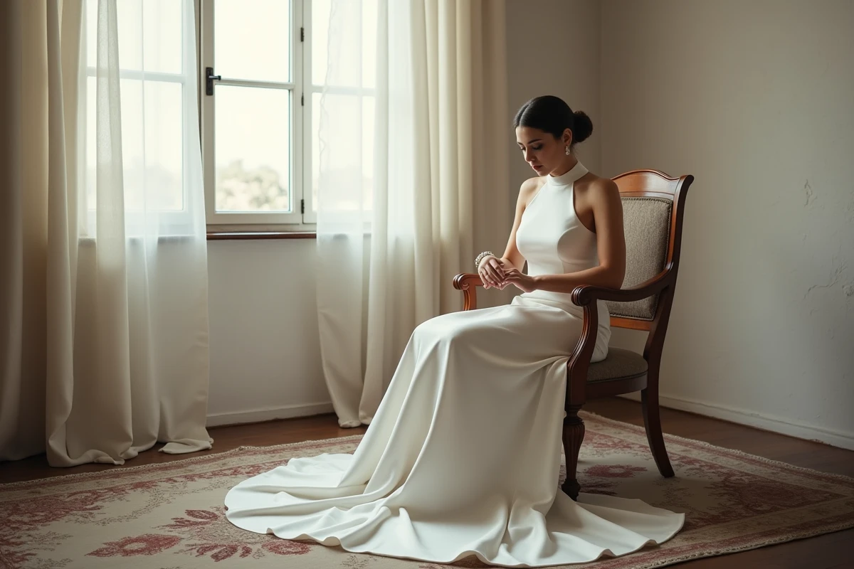 Jeune mariée en robe satin dans une pièce lumineuse