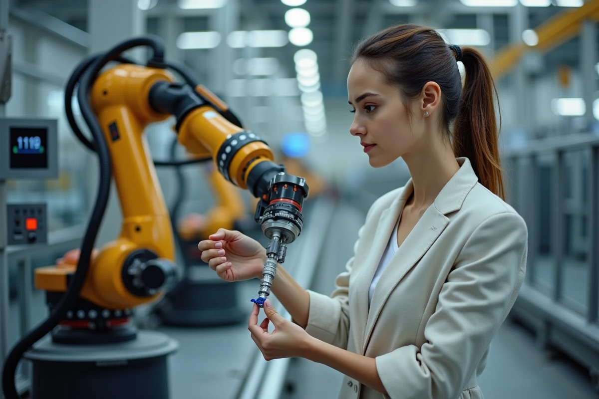 Jeune ingénieure inspectant un bras robotique en usine