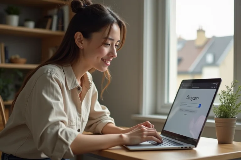 Jeune femme française utilisant l'outil Rabbit Finder sur son ordinateur portable dans un appartement parisien moderne