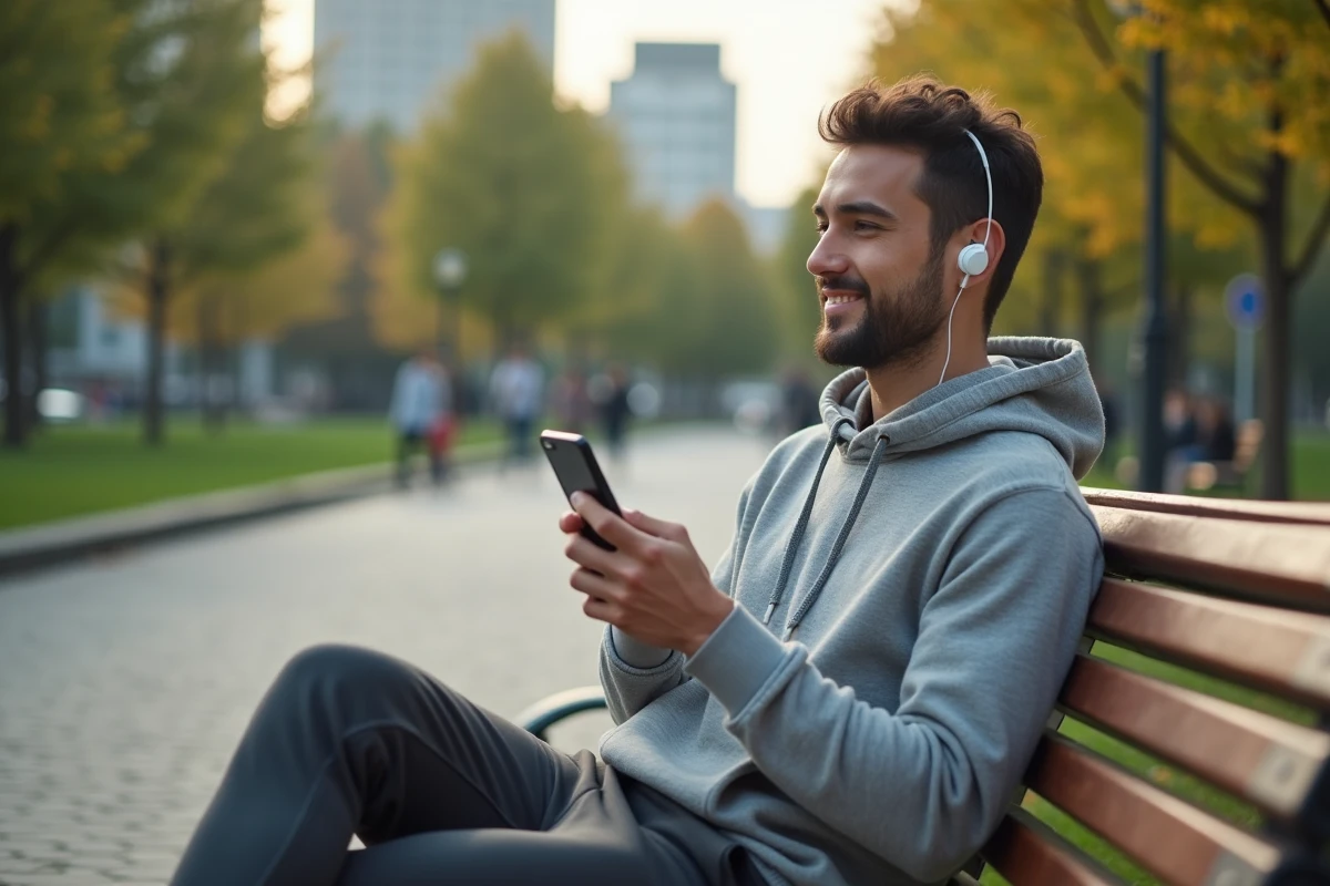 Jeune homme relaxant dans un parc avec écouteurs et smartphone