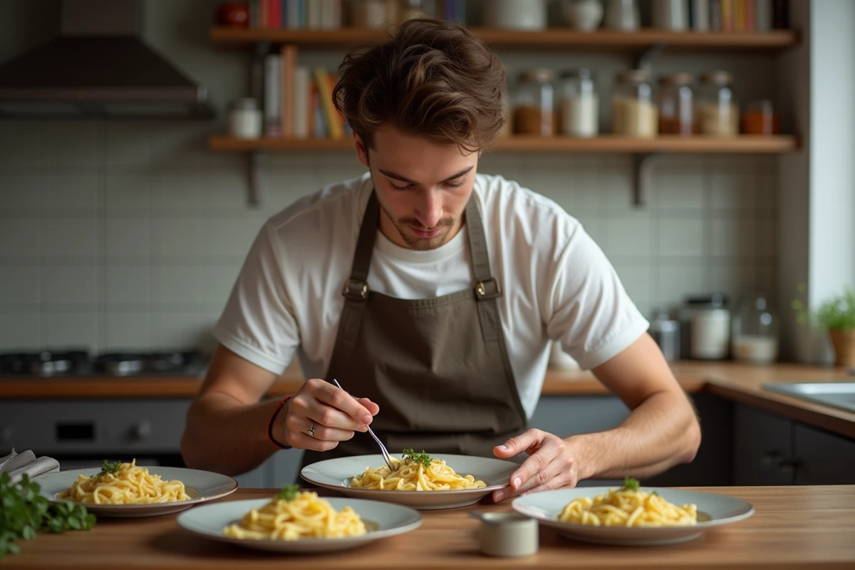 Jeune homme dressant un plat de pâtes dans la cuisine