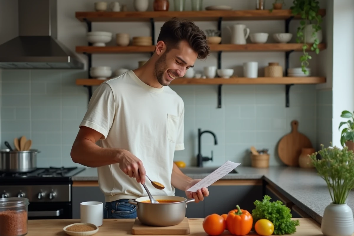 Jeune homme remuant une soupe dans une cuisine moderne