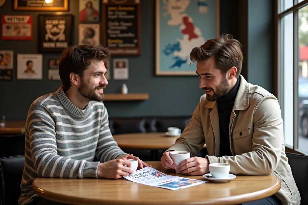 Deux jeunes hommes discutant autour d un café dans un café français