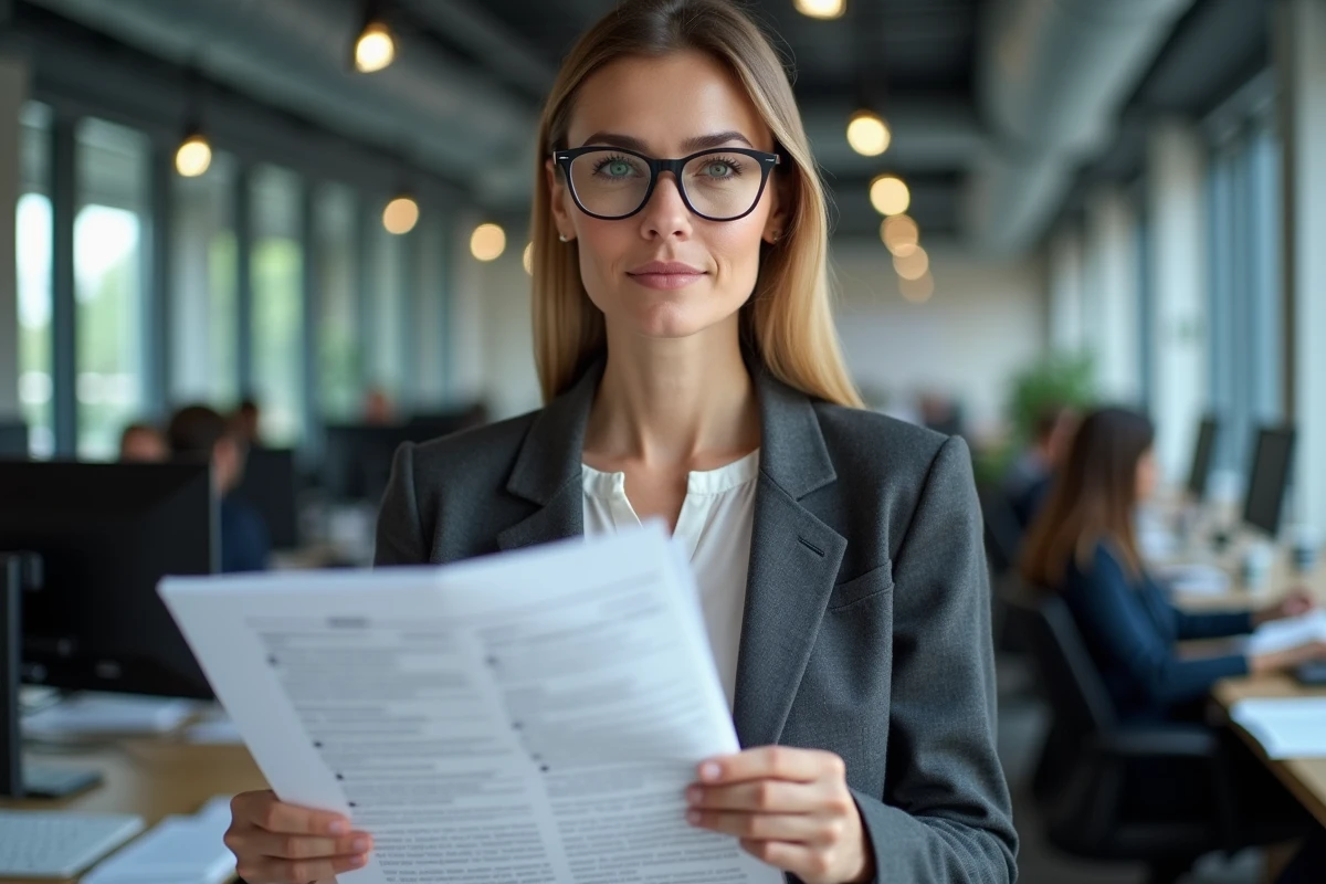 Journaliste analysant des documents d'enquête dans une salle de rédaction moderne, illustrant une investigation sur la fiabilité d'une plateforme en ligne