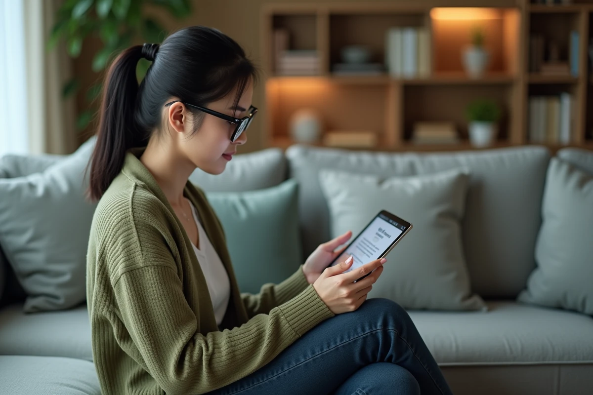 Femme lisant des mangas sur une tablette dans un salon moderne, illustrant la navigation sur une plateforme de scan en ligne