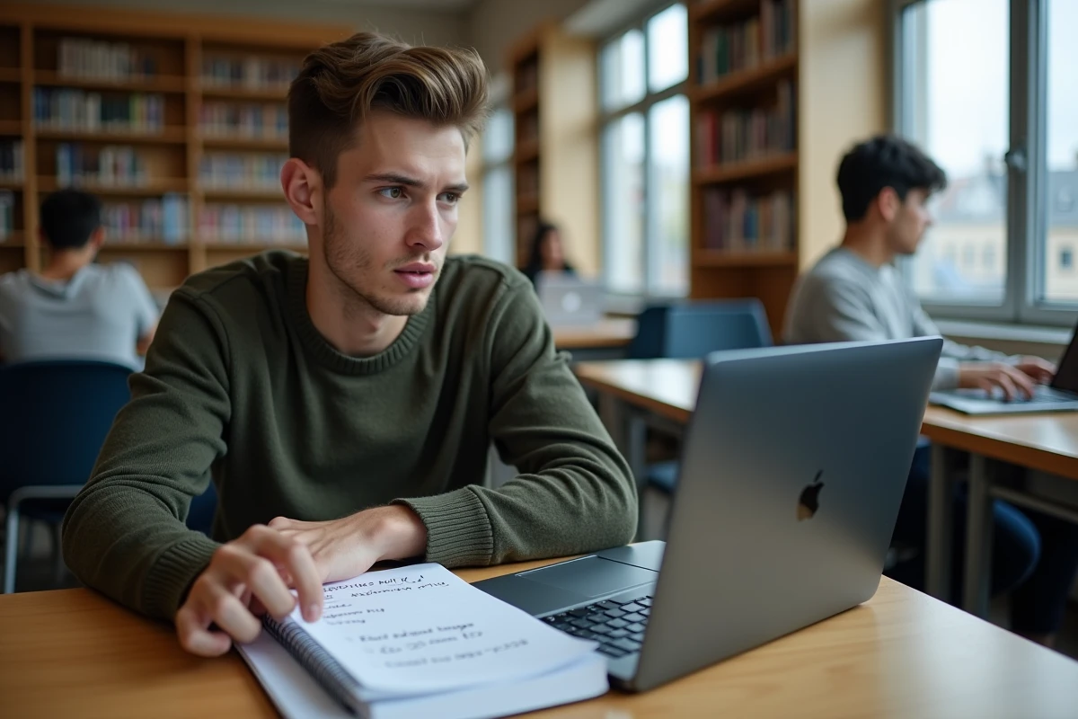 Lycéen inscrit sur la plateforme Cyclades pour le bac 2026 dans une bibliothèque scolaire