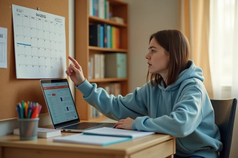 Lycéenne consultant le calendrier Cyclades du bac 2026 épinglé sur un tableau en liège dans sa chambre
