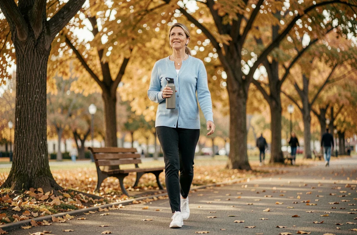 Femme marchant dans un parc en automne avec une bouteille d'eau pour maintenir une bonne santé au quotidien