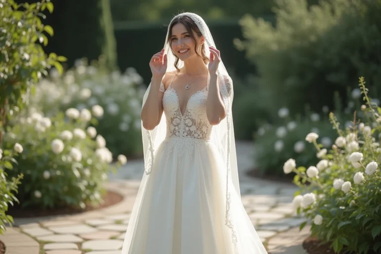 Femme en robe de mariage fluide dans un jardin fleuri