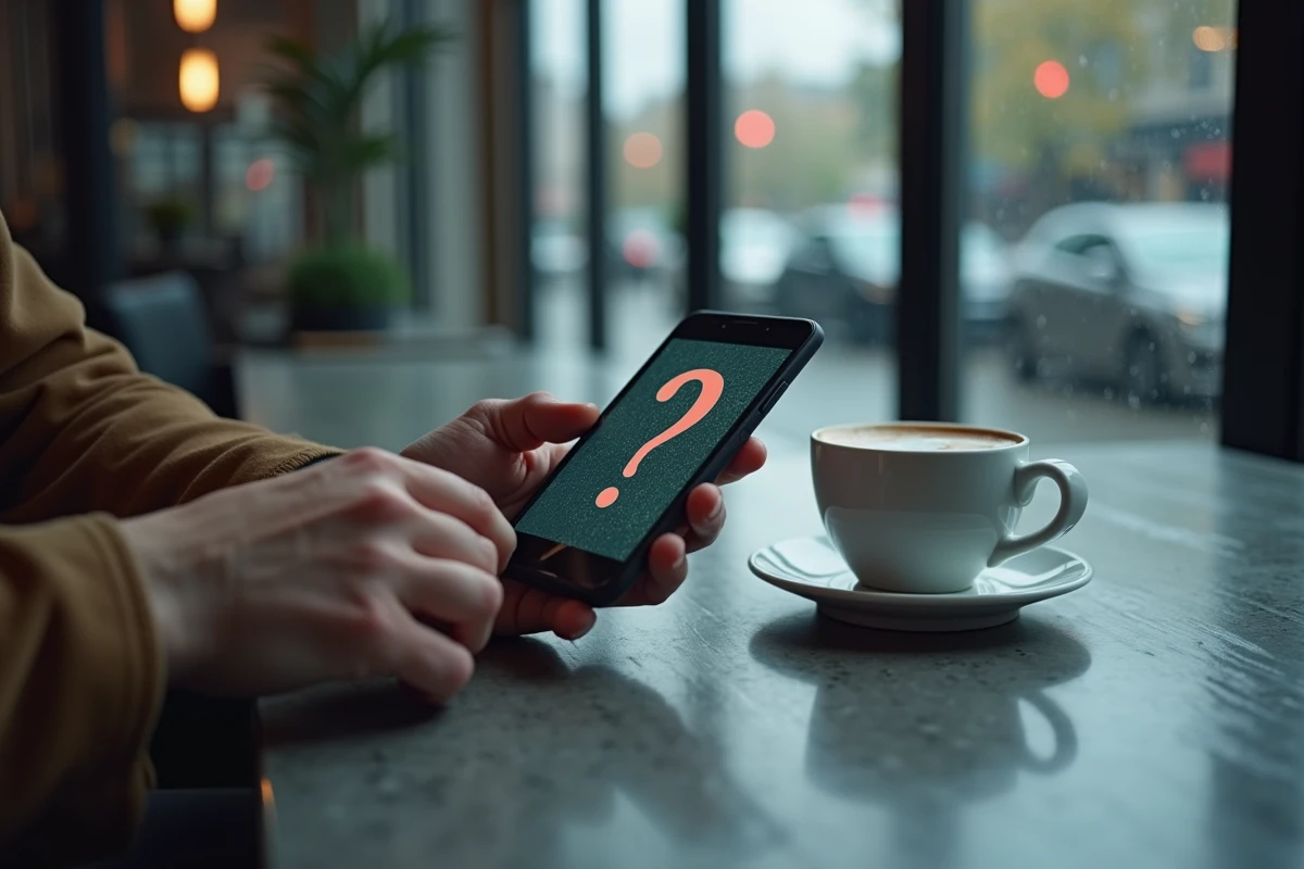 Mains hésitant au-dessus d'un smartphone affichant une interface de plateforme avec un point d'interrogation, évoquant le doute et la méfiance envers les services numériques en 2026
