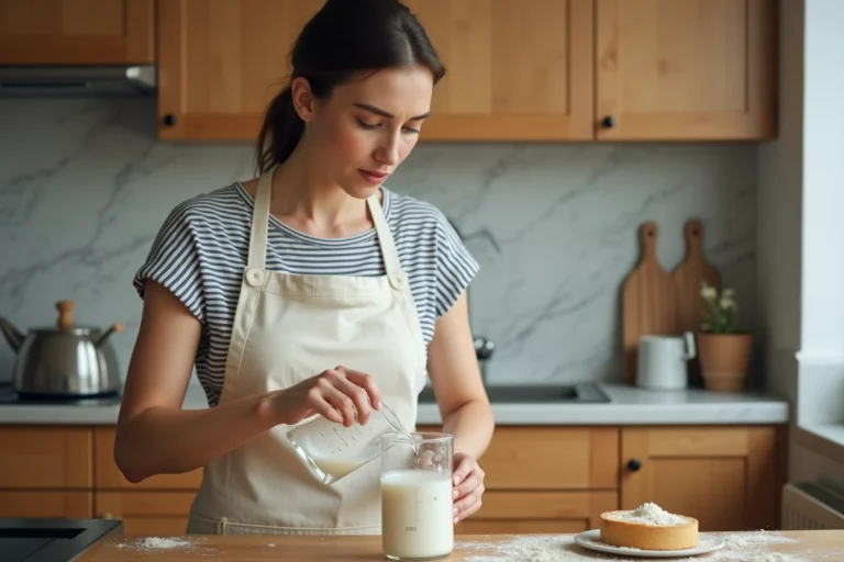 Femme versant du lait dans un verre doseur gradué jusqu'à la mesure de 10 cl sur un plan de travail en marbre