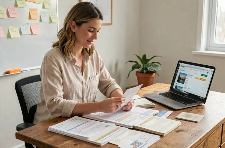 Femme organisant des documents administratifs de voyage sur un bureau en bois à domicile