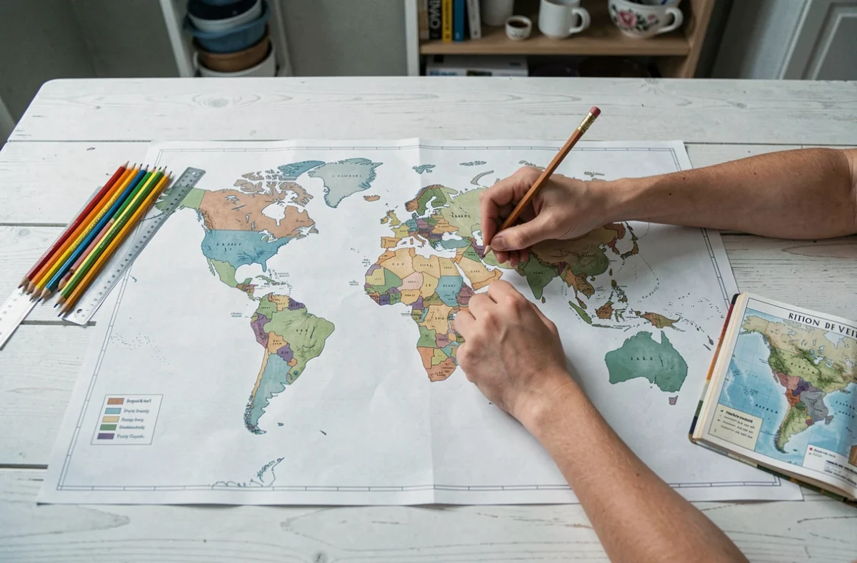 Planisphère muet imprimé à compléter posé sur une table avec des crayons de couleur et un atlas scolaire