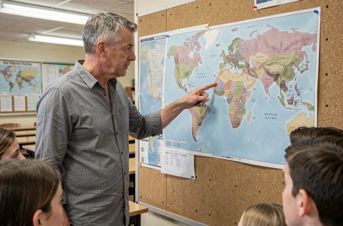 Professeur de géographie montrant un planisphère muet affiché au tableau devant ses élèves en classe