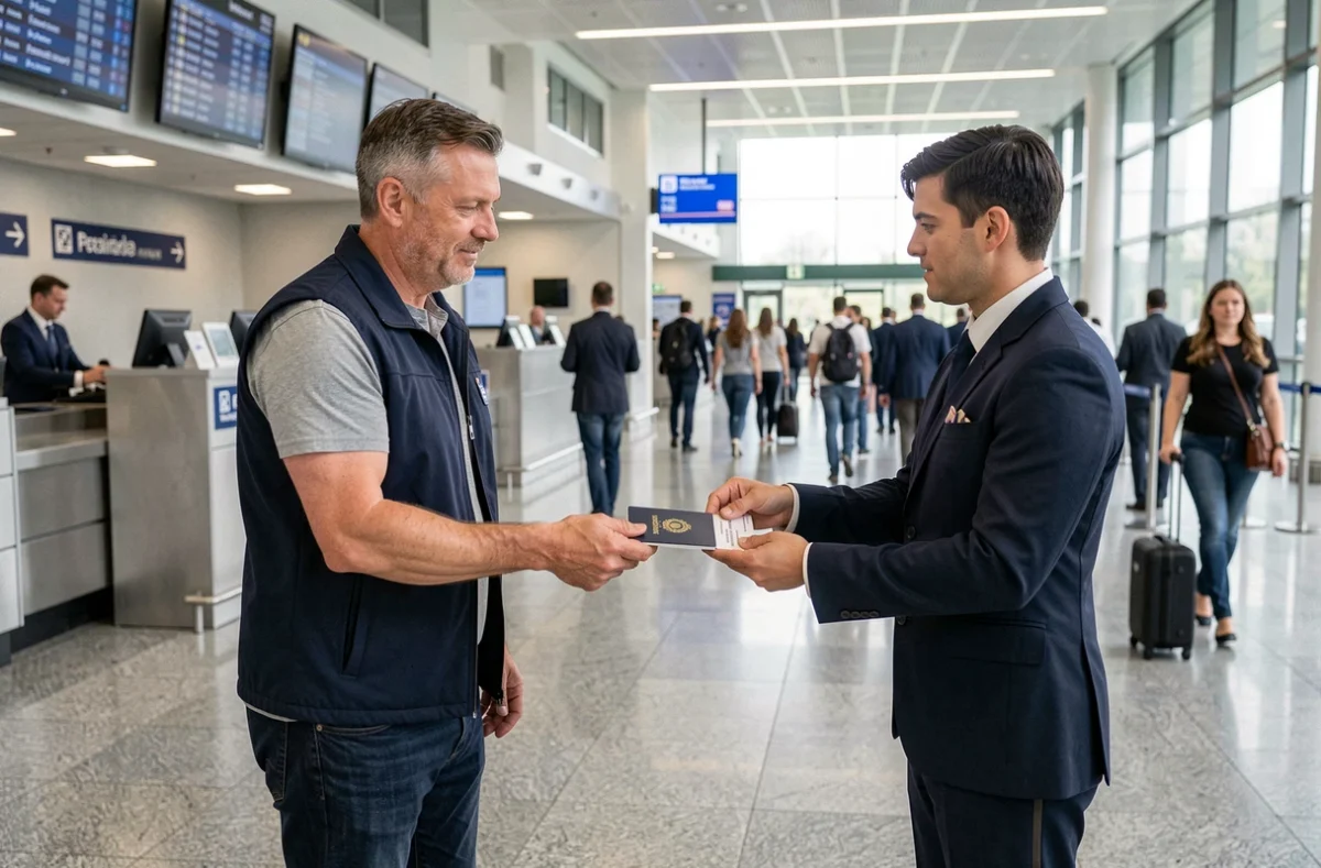 Voyageur remettant ses documents administratifs à un agent d'aéroport au comptoir d'enregistrement