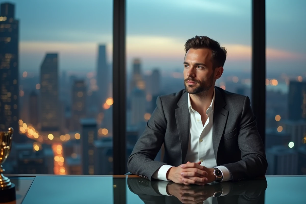Homme en costume élégant assis dans un bureau moderne en hauteur avec trophée de tennis et montre de luxe, symbolisant la fortune et les revenus de Novak Djokovic