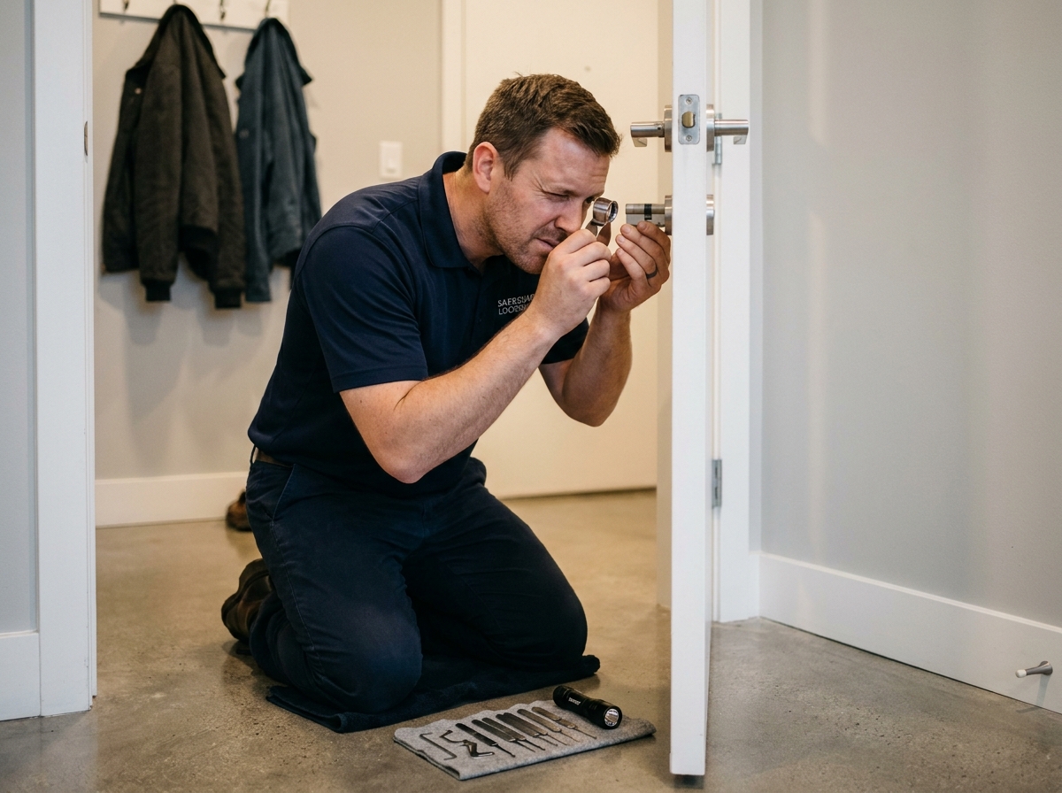 Serrurier professionnel examinant un cylindre de serrure sur une porte intérieure moderne