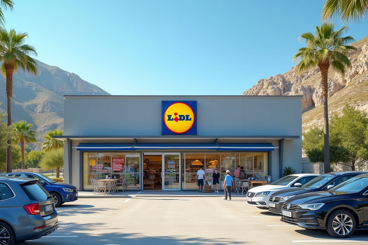 Façade extérieure d'un supermarché Lidl en Corse avec parking et paysage méditerranéen