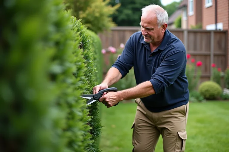 Homme d'âge moyen taillant une haie verte dans son jardin