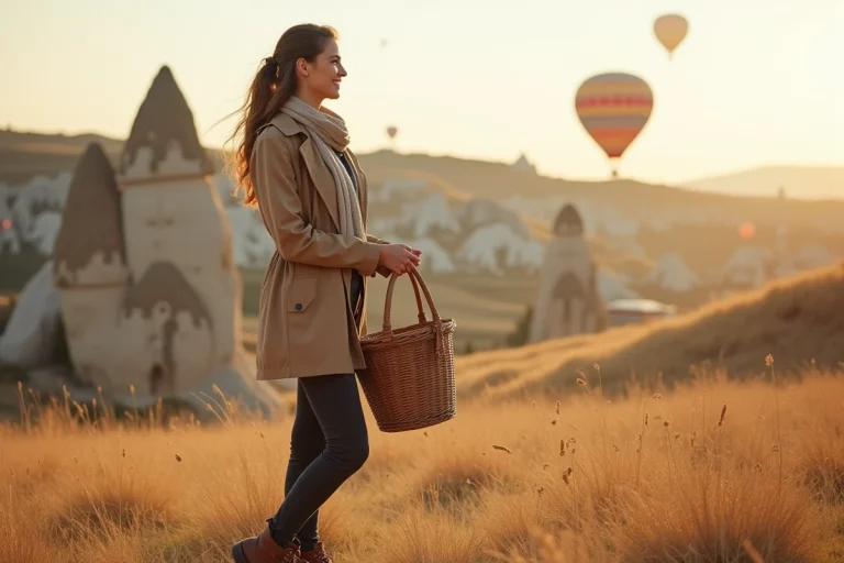Femme bien habillée près d'une montgolfière en Cappadoce Turquie avec veste coupe-vent et foulard